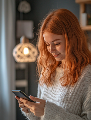 Foto jongedame die op een telefoon kijkt